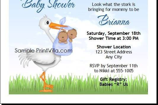 Blue Stork Baby Shower Invitation
Choice of Single, Twins or Triplets
Choice of Skin Color