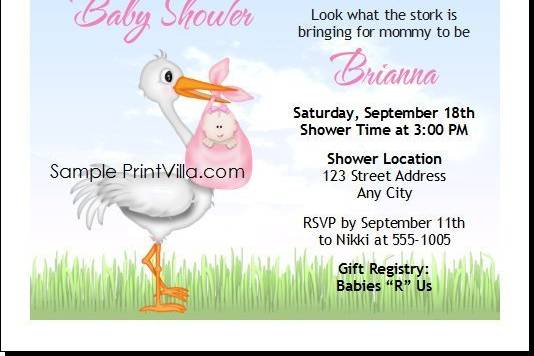 Pink Stork Baby Shower Invitation
Choice of Single, Twins or Triplets
Choice of Skin Color