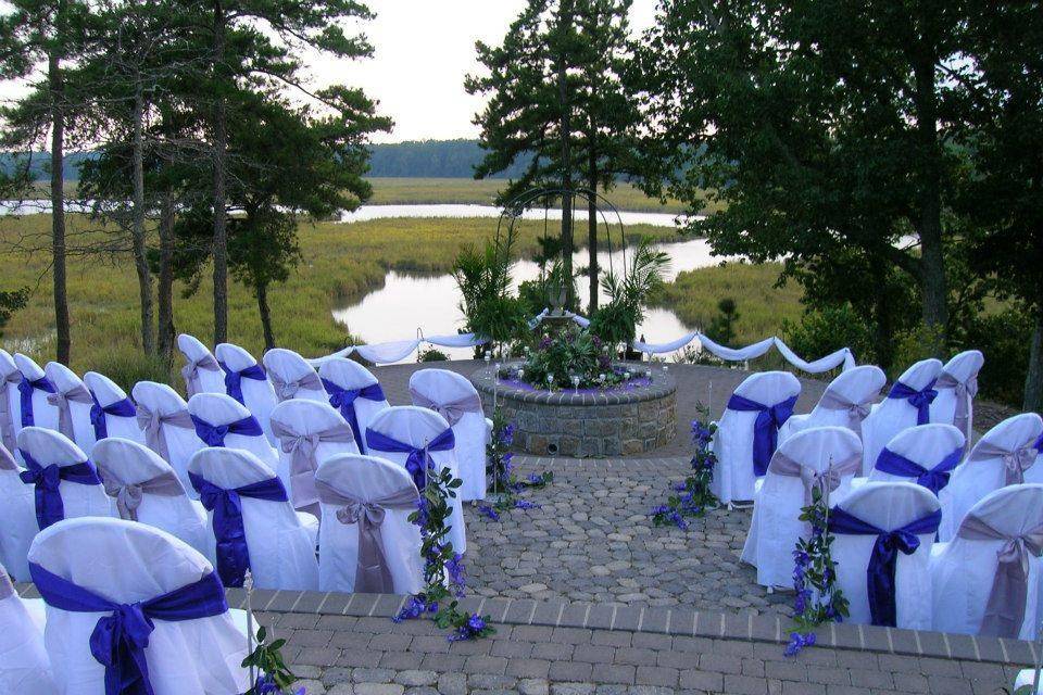 Couple choose to have us do the complete set up for wedding and reception. they rented the linens from us along with the sashes.  Our crew placed all of the chairs and decorated the entire event