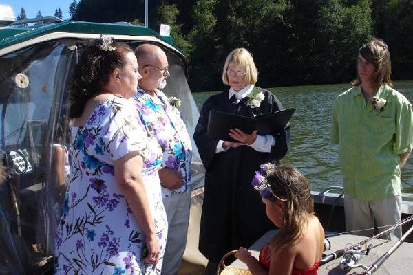 Married this couple on their boat on a lake....the guest stood on the dock.