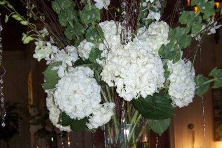 Crystals and Hydrangeas in Tall Cylinder Vases for your Reception Make a Statement.