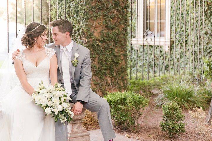 Happy couple with bouquet