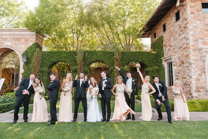 Newlyweds, bridesmaids, and groomsmen