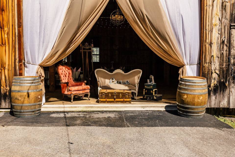 Rustic couches and entrance