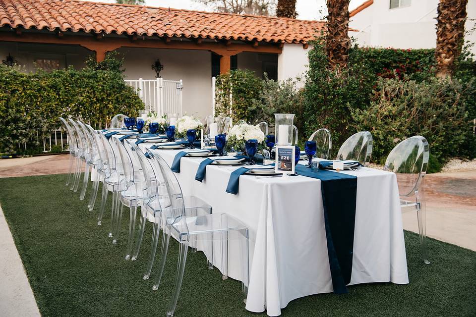 Dining area set-up - vision events - alcazar palm springs weddingblue