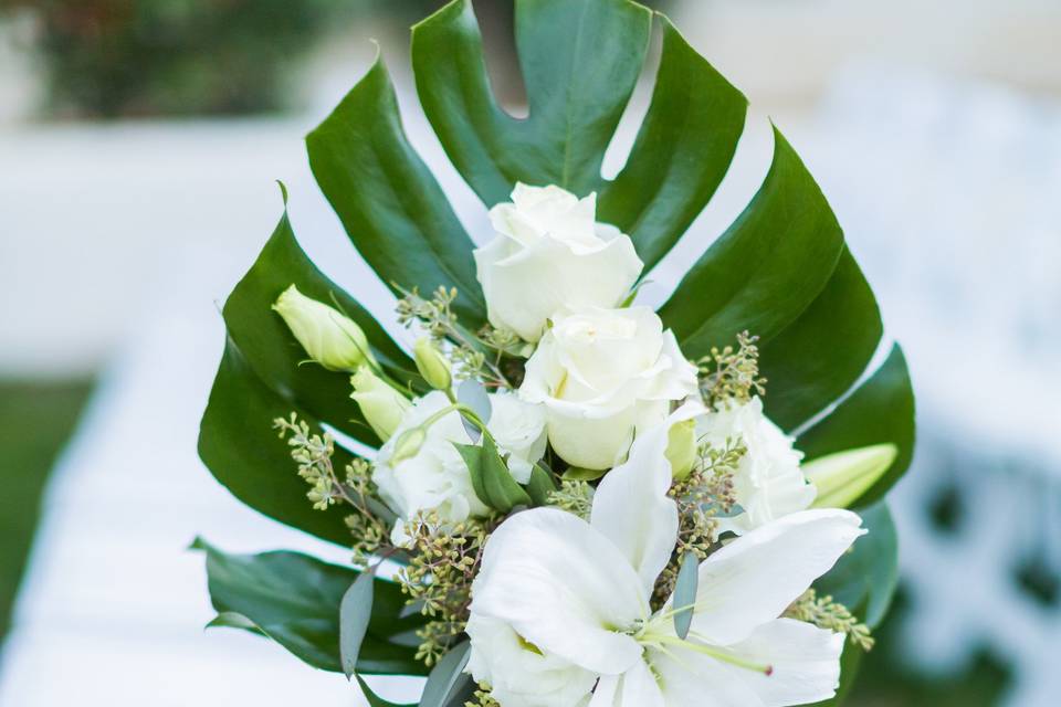 White roses and monstera leaf