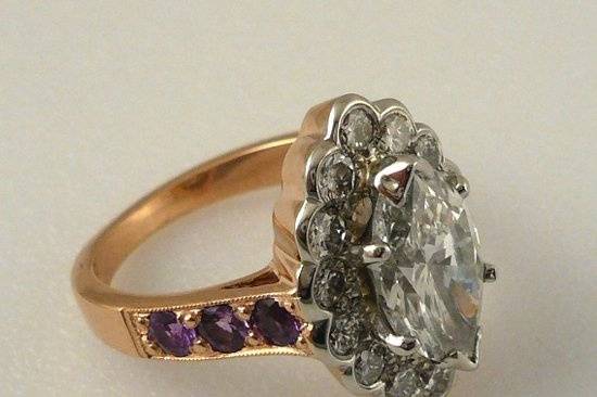 Marquise shape diamond and fancy sapphire ring