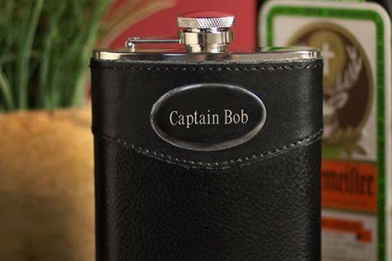 Free personalized black leather flask with funnel