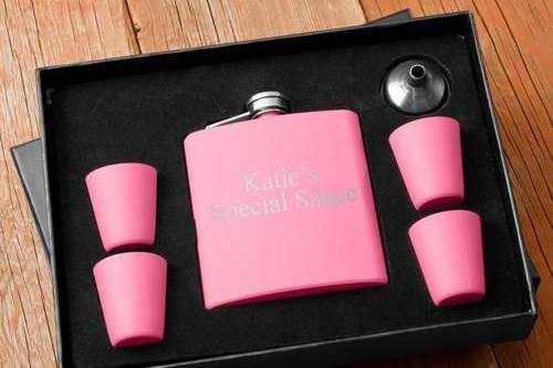 Pink flask set with shot glasses customize it for free