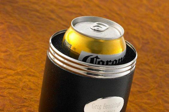 leather koozie engrave it with a name and date