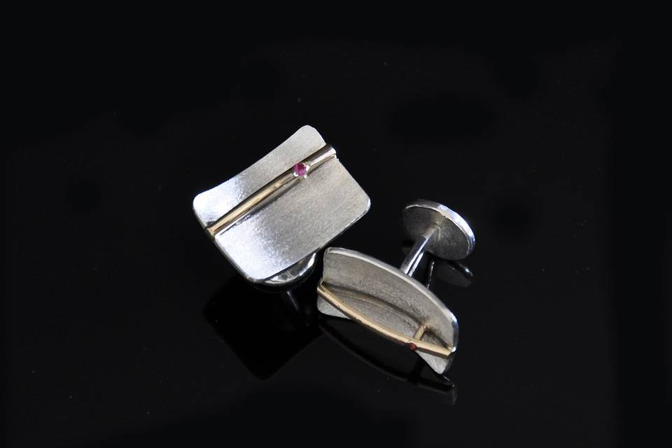 sterling silver and 14K yellow gold cuff links with pink sapphires