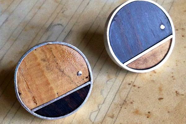 silver, cork, and wood cuff links