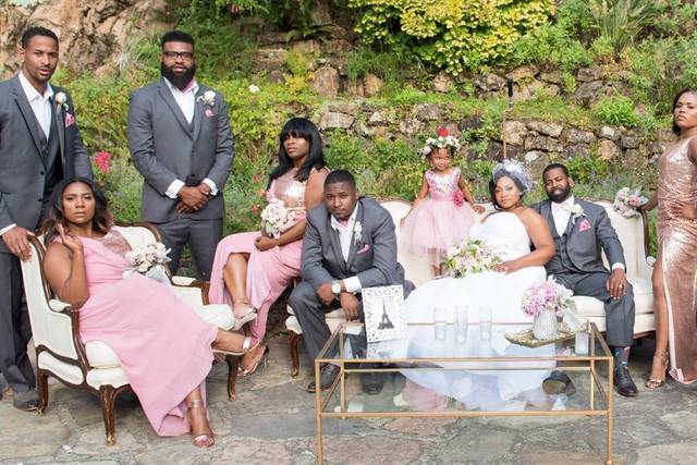 The couple with the bridesmaids and groomsmen