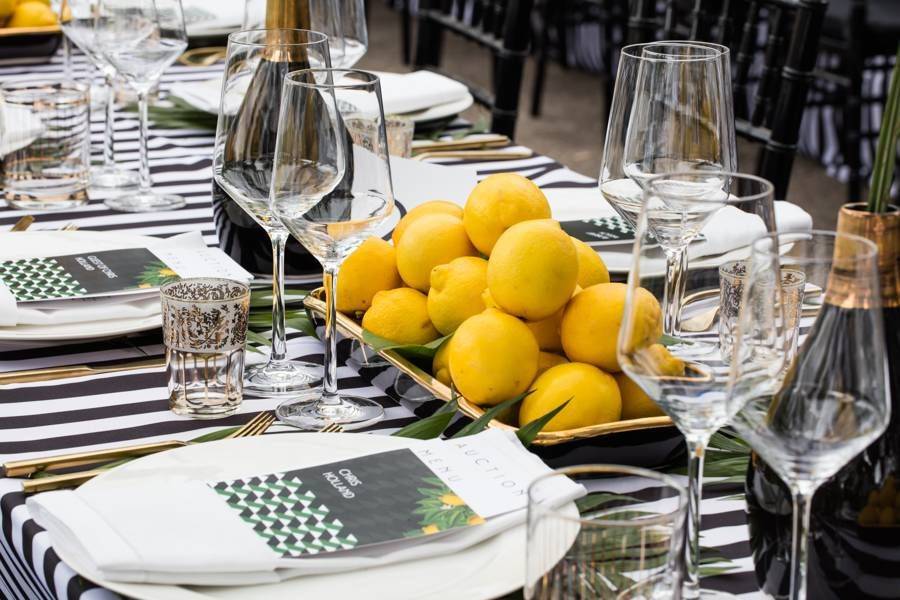 Table setting with black and white stripes