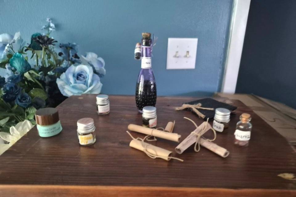 Scrolls, candle, smudgestick