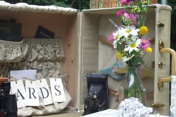 Vintage Suitcase used as location for Guests to leave their Wedding Cards.  Suitcase was decorated with vintage 