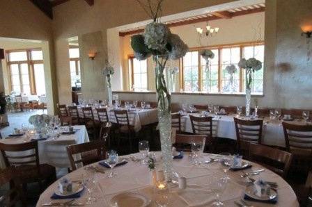 French country rustic wedding style table setting with hydrangea