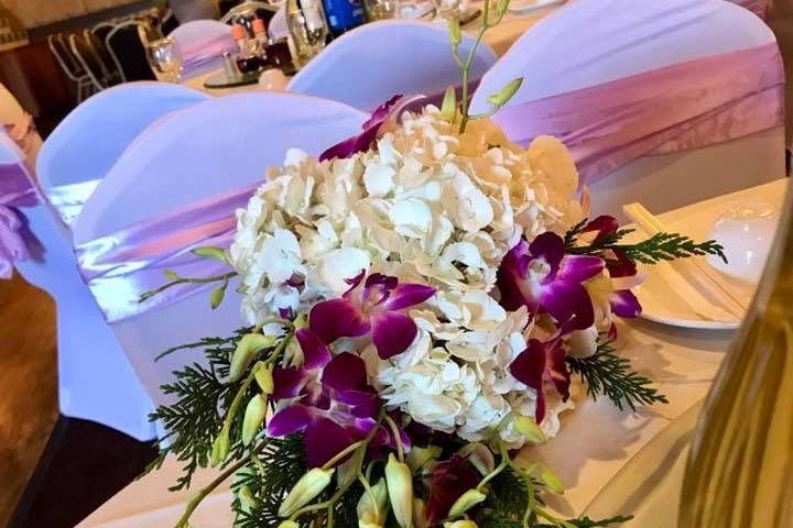 Hydrangeas and orchids cascading bouquet