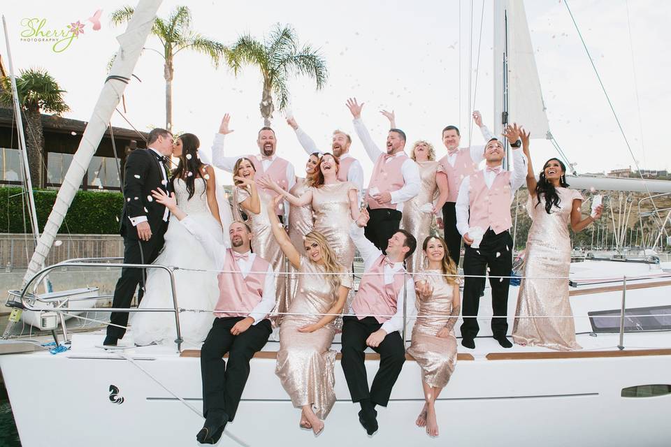 The couple with the bridesmaids and groomsmen