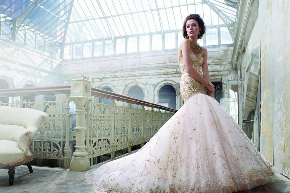 <B>Style:LZ3217</b><br>
Gold embroidered English net over sherbet tulle bridal ball gown, sweetheart neckline, elongated bodice with circular skirt, chapel train.