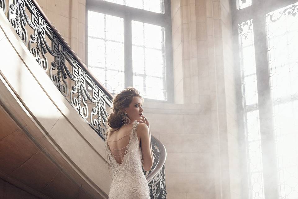 3501 <br> Ivory/Silver alencon lace trumpet bridal gown, V-neckline with beaded necklace at back, jeweled appliques at natural waist, chapel train.