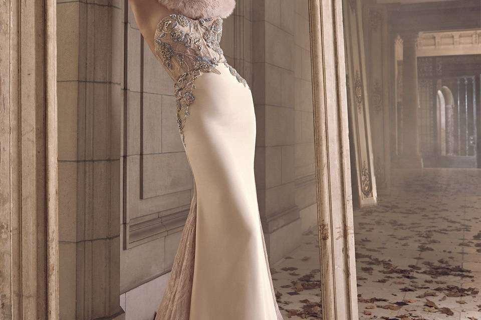 3506 <br> Cashmere silk crepe trumpet bridal gown, sheer corseted chantilly lace bodice accented with beaded floral appliques, strapless sweetheart neckline, fitted skirt with lace godets, chapel train.