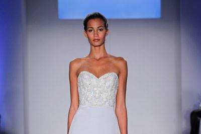 3515 <br> Wisteria silk crepe trumpet bridal gown, opal jewel encrusted bodice, strapless sweetheart neckline, natural waist, chapel train.