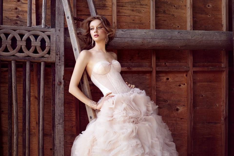 Style 3550 <br> Sherbet textured ball gown, strapless sweetheart neckline, silk satin organza corset bodice with Chantilly lace and sheer lace cutouts, curved waist, chapel train.