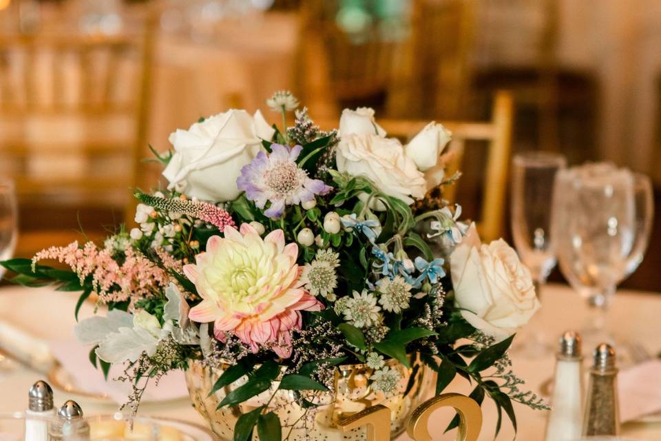 Bowl of Dahlias and Roses