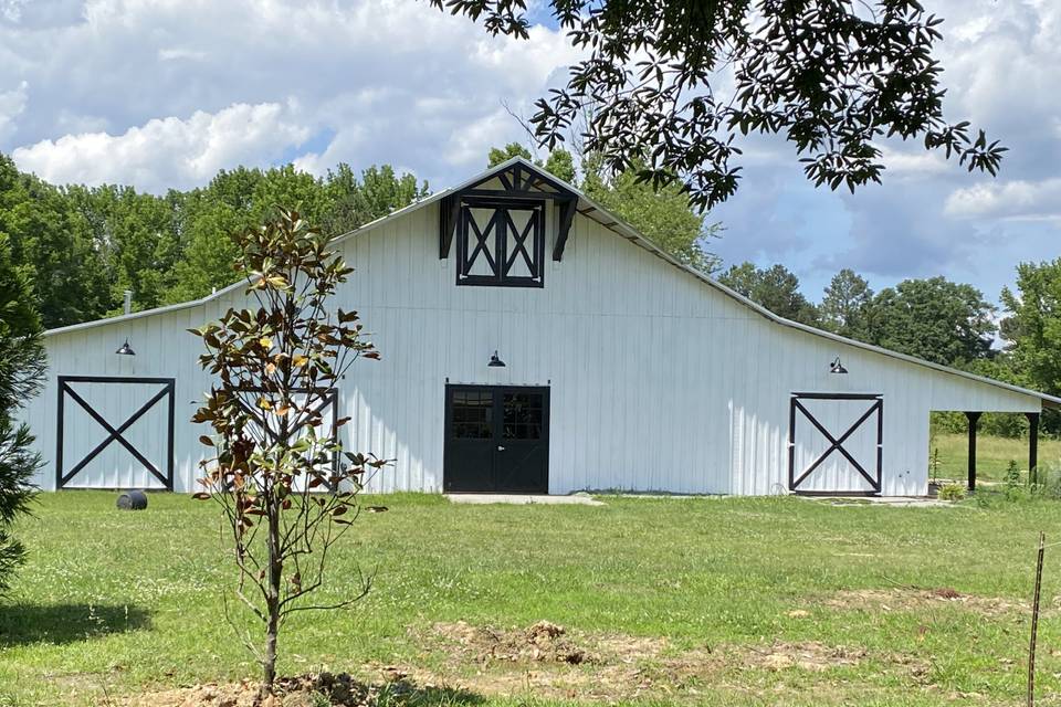 White barn with black trim