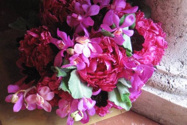peonies, orchids and chocolate cosmos