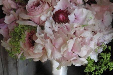 summer pinks -- hydrangea, garden roses and straw flowers