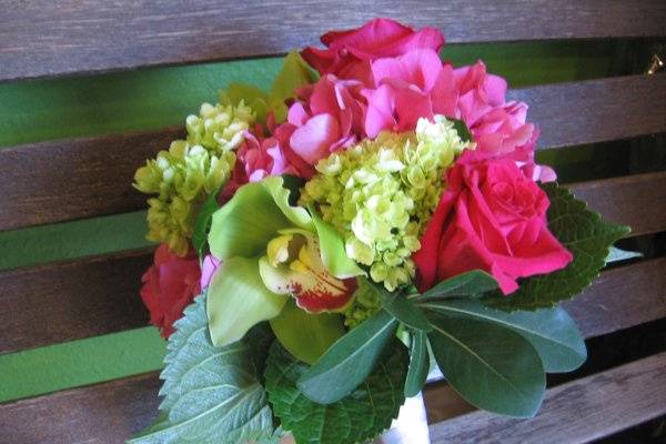 fuscia hydrangea and roses, mini green hydrangea and chartreuse cymbidium blooms