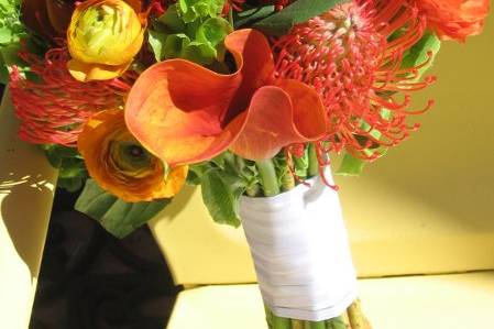 vibrant summer bouquet with pincushion protea, mango calla lilies, and orange ranunculus with touches of Bells of Ireland