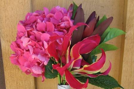 Fall Pinks -- fuscia hydrangea, gloriosas and leucadendron