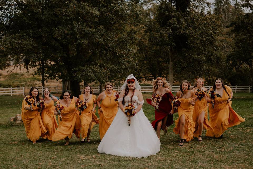 Bride and bridesmaids fun