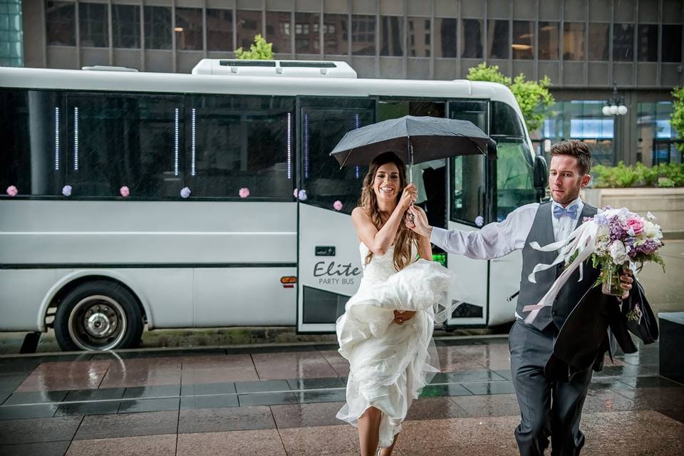 Bride and groom running