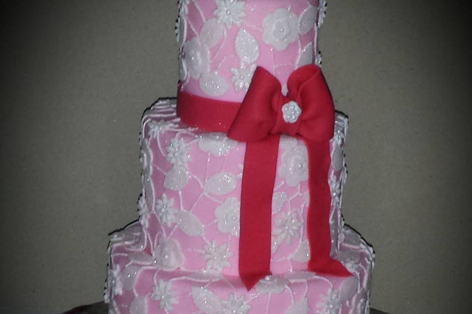 Red ribbon pink cake 1