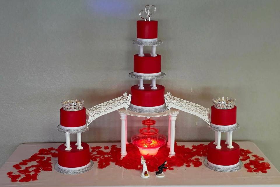 Red and silver fountain cake