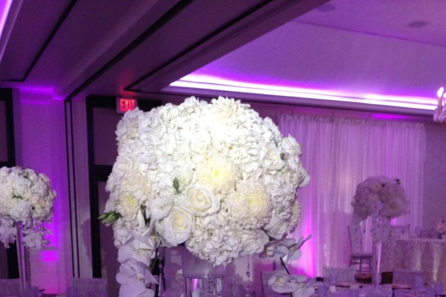 Close-up of the Centerpieces -  Crystal Ballroom. Very Elegant Design and Layout.
(The Hills Hotel - Laguna Hills -Orange County Wedding Reception)