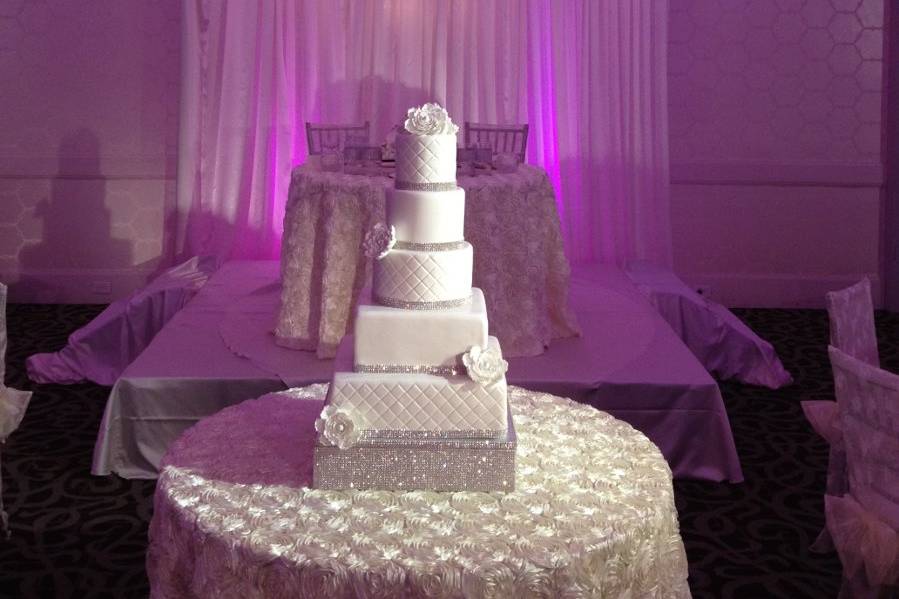 Cake Table - Crystal Ballroom. Very Elegant Design and Layout.
(The Hills Hotel - Laguna Hills -Orange County Wedding Reception)