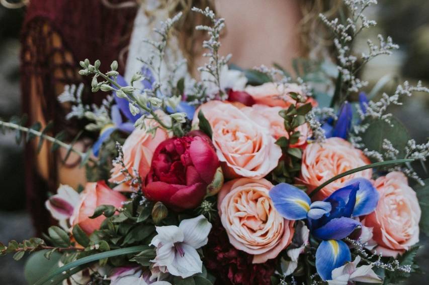 Coral, burgundy & Blue Bouquet