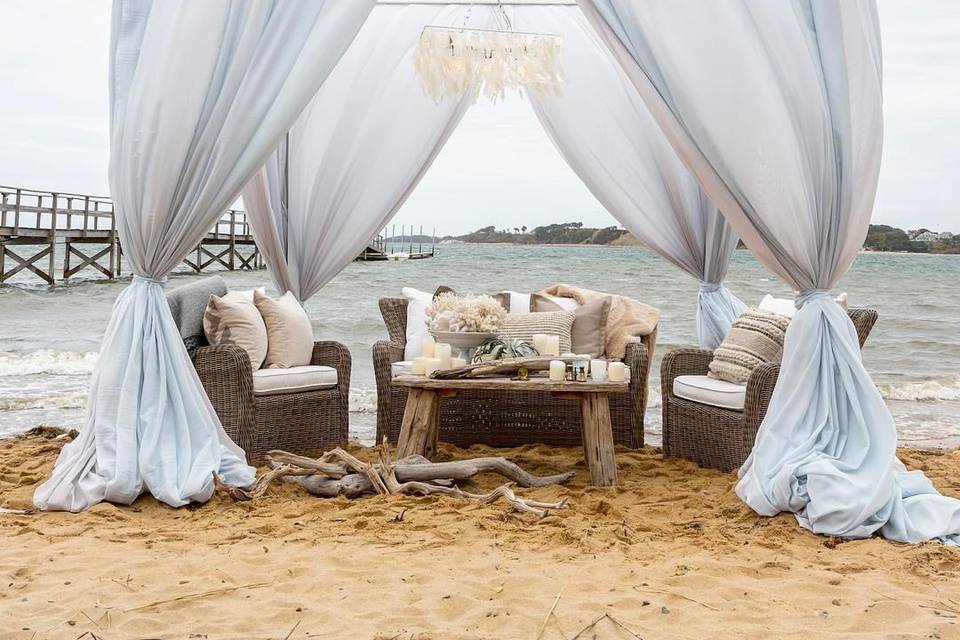 Ryan Designs Draped Cabana, Capiz Shell Chandelier & Lounge Furniture