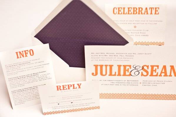 This invitation was custom designed and printed in two color thermography.