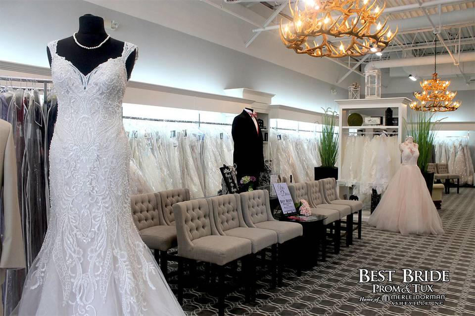 Best Bride Prom & Tux Home Merle Norman of Asheville is a full service bridal boutique carrying the most beautiful selection of designer gowns and accessories from around the world. We have trained professionals who vow to make finding that special dress simple and easy.