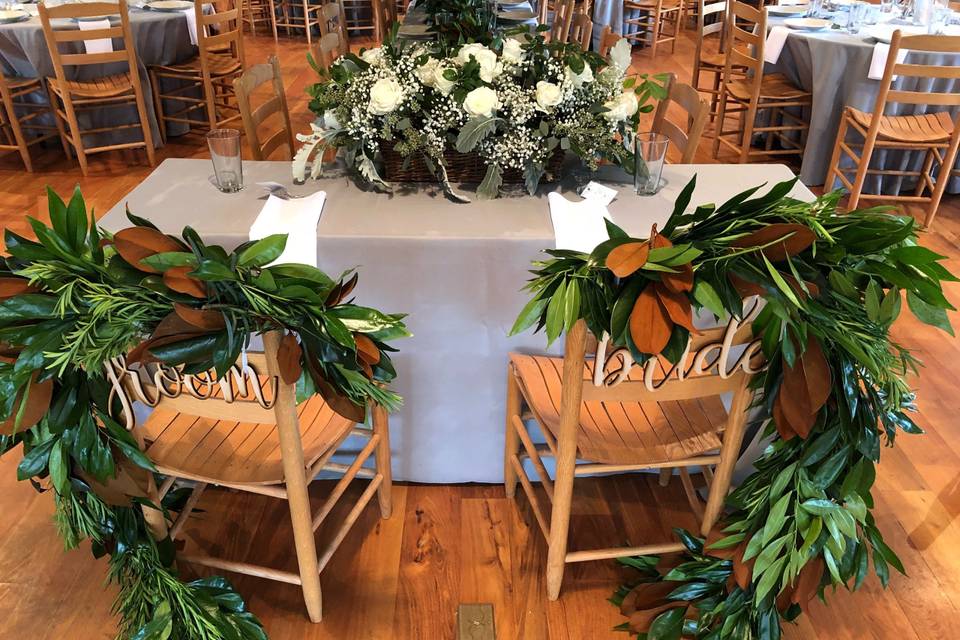 Bride and groom table with garland