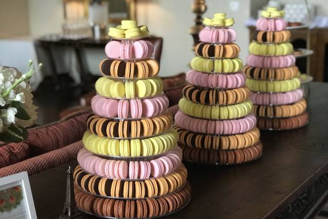 From a wedding, 3 Macaron towers with Ferrero Rocher, Dark Chocolate Orange, Raspberry and Lemon macarons