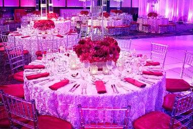 White Secret Garden overlay, Clear Chiavari chairs with a pop of Raspberry Bengaline.
