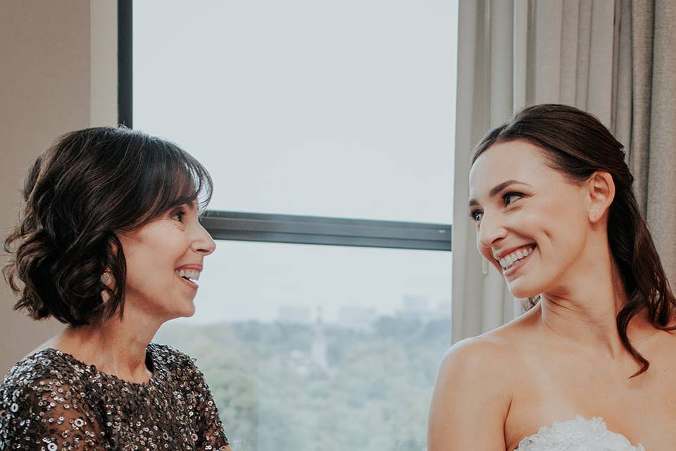 Black-tie bride and Mom