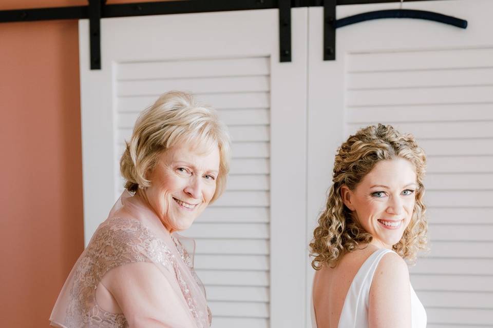 Curly hair bride and mom
